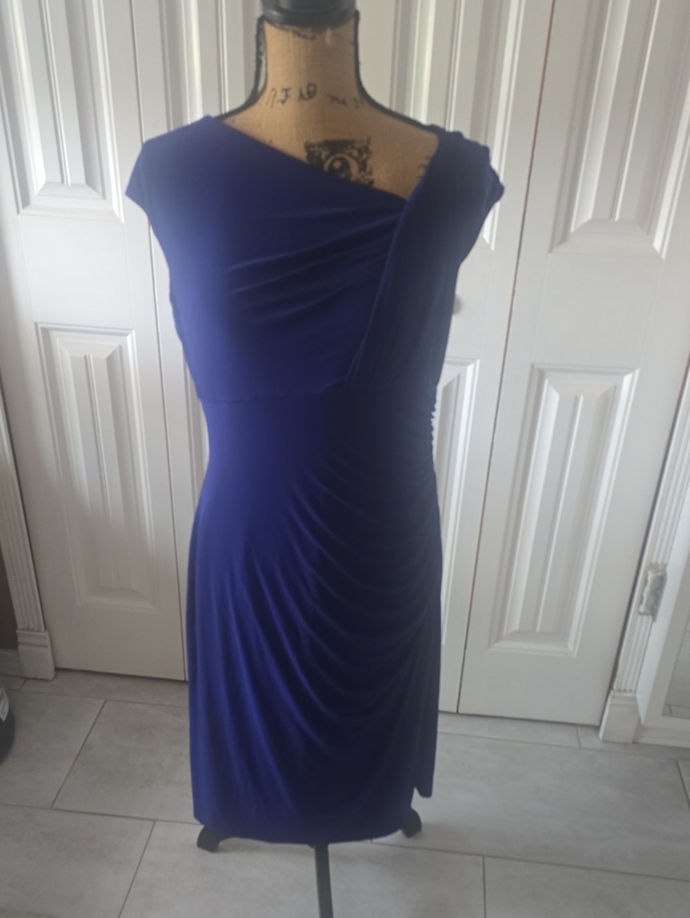 Ralph Lauren Cobalt Blue Ruched Cap-Sleeve Midi Dress